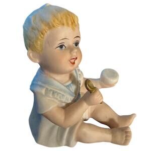 Vintage Bisque Baby Figurine Porcelain Infant w Rattle Nursery Decor 4.75" Tall